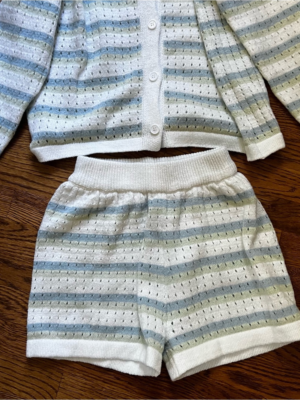 Women’s Two-Piece Striped Knit Set in White, Pastel Blue & Soft Green - Picture 2 of 7